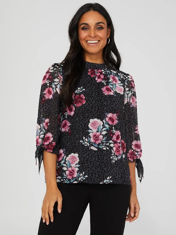 Floral Print Chiffon Mock Neck Blouse