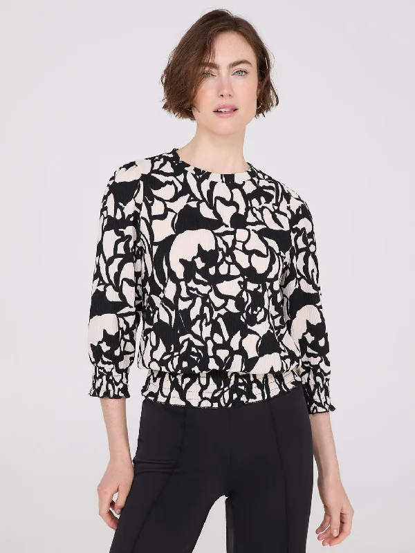 Printed Textured 3/4 Sleeve Round Neck Top