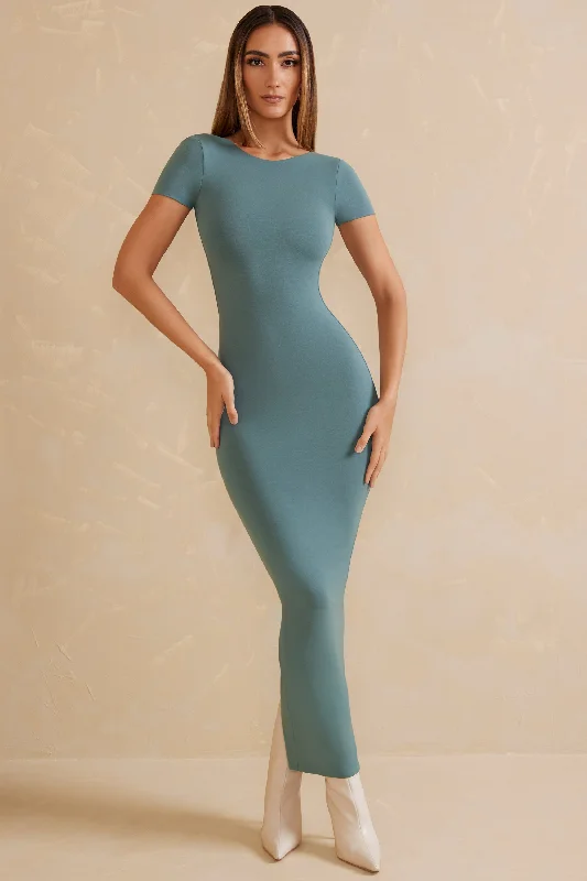 Cap Sleeve Open Back Maxi Dress in Teal