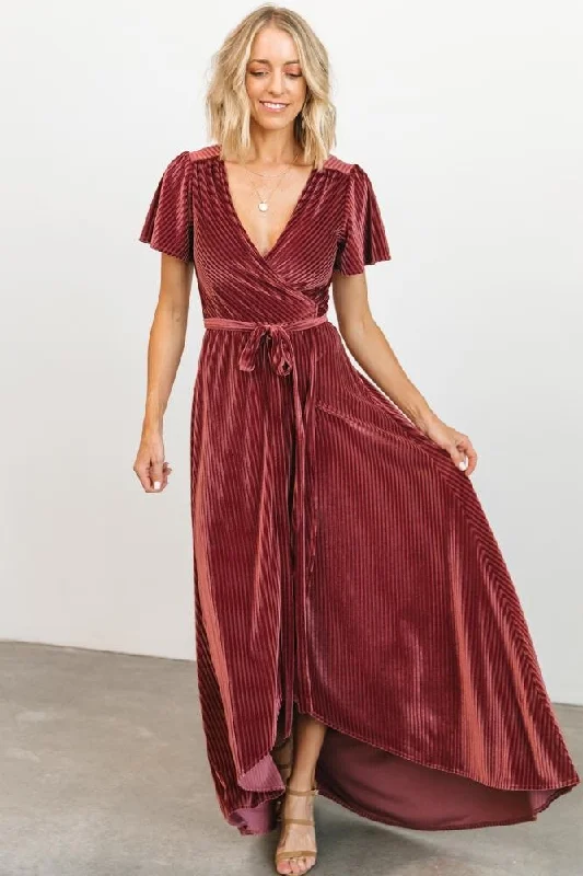 Andi Ribbed Velvet Wrap Dress | Dark Rose