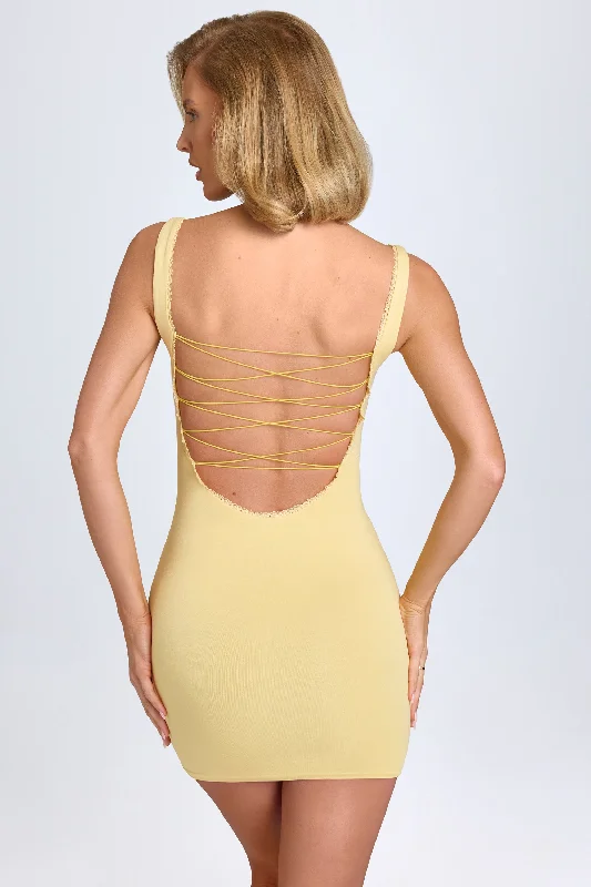 Modal Lace-Trim Bodycon Mini Dress in Pastel Yellow