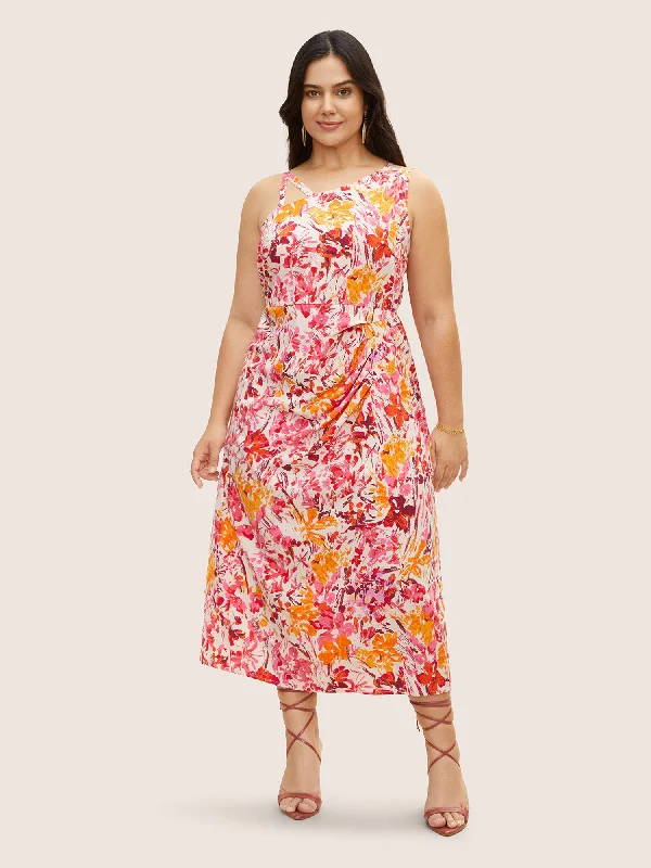 Asymmetrical Neck Watercolor Floral Pleated Dress