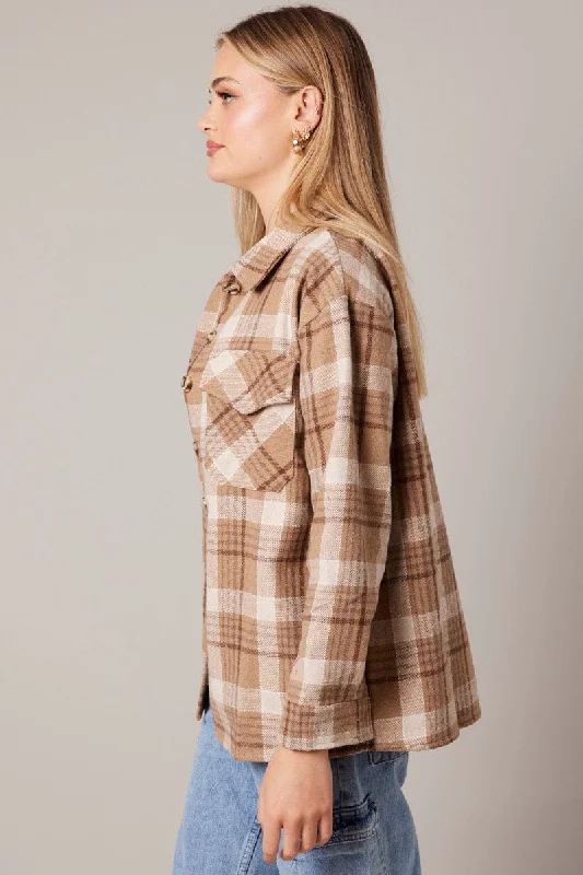 Beige Check Relaxed Shirt Long Sleeve