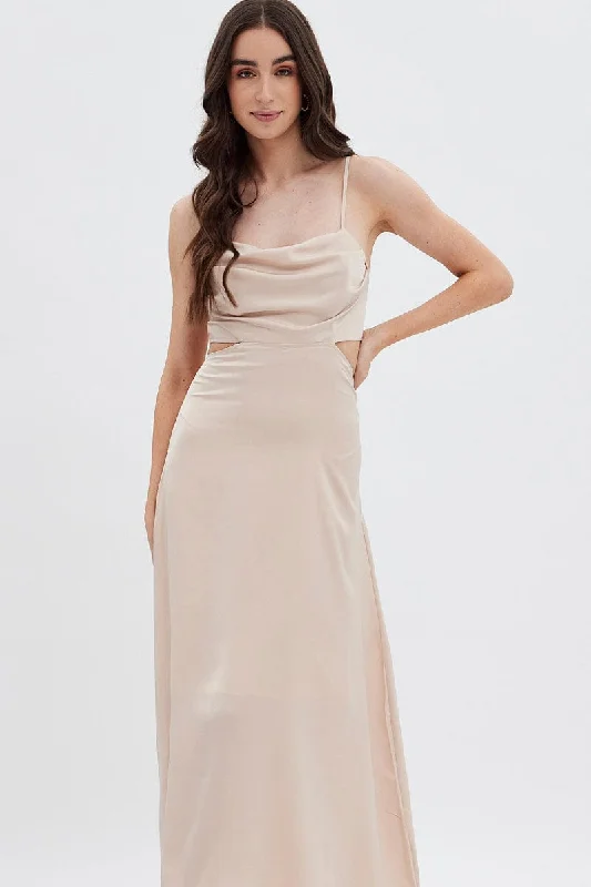 Beige Midi Dress Evening Cowl Neck