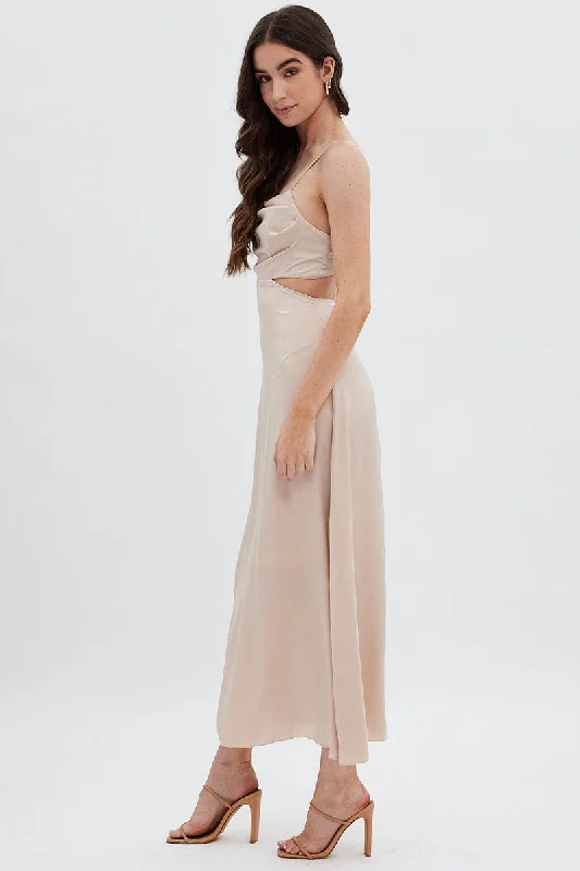 Beige Midi Dress Evening Cowl Neck