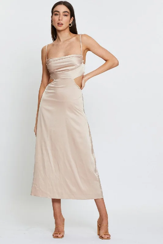 Beige Midi Dress Satin