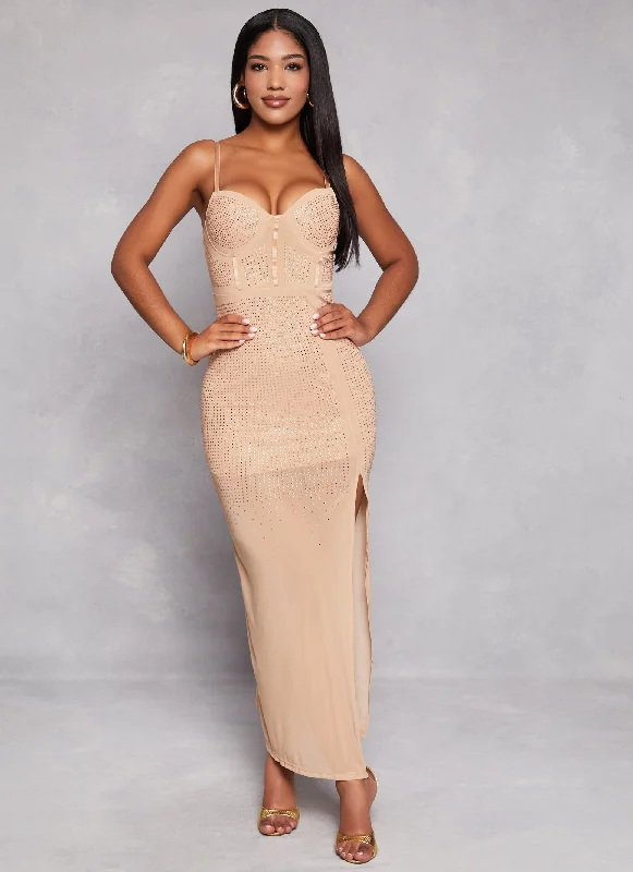 Rhinestone Mesh Side Slit Maxi Dress