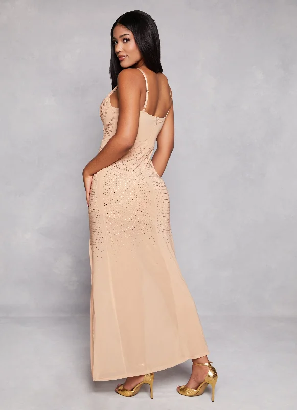 Rhinestone Mesh Side Slit Maxi Dress