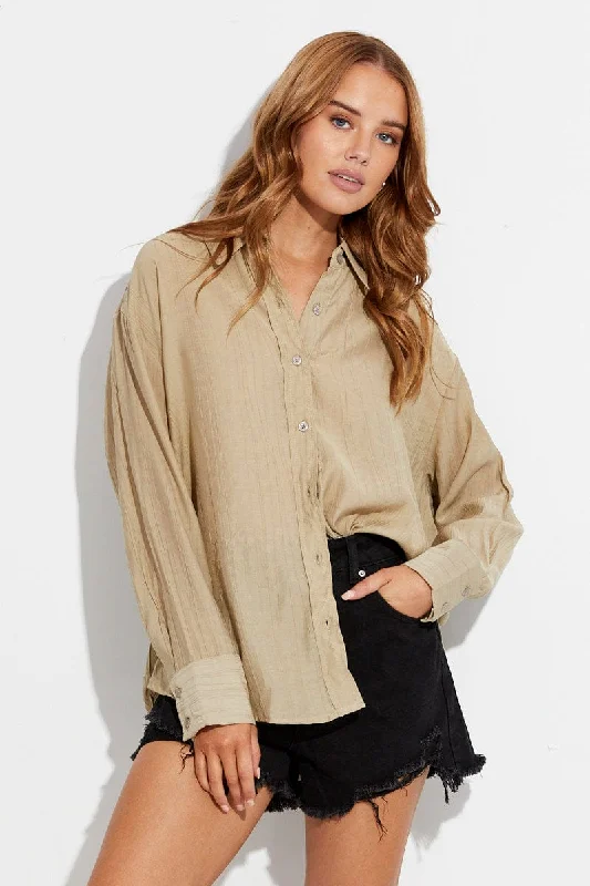 Beige Textured Shirt Long Sleeve Collared