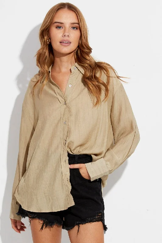 Beige Textured Shirt Long Sleeve Collared