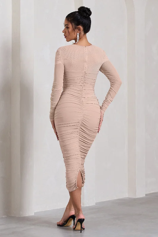 Between The Lines | Nude Ruched Mesh Long-Sleeved Bodycon Midi Dress