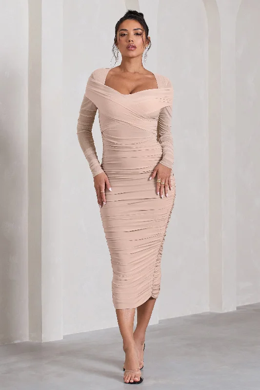 Between The Lines | Nude Ruched Mesh Long-Sleeved Bodycon Midi Dress