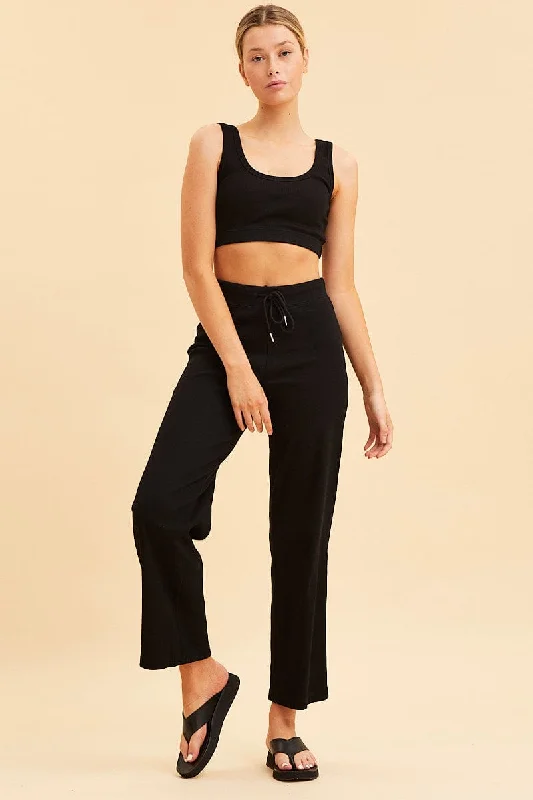 Black Crop Top Cotton Blend Rib Tank Elasticated Hem