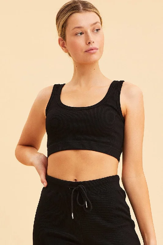 Black Crop Top Cotton Blend Rib Tank Elasticated Hem