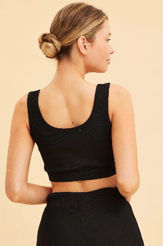 Black Crop Top Cotton Blend Rib Tank Elasticated Hem