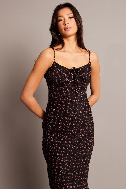 Black Ditsy Midi Dress Gathering Bust Sleeveless