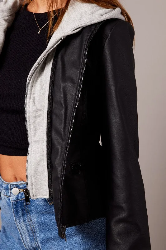 Black Faux Leather Jacket Long Sleeve Hoodie