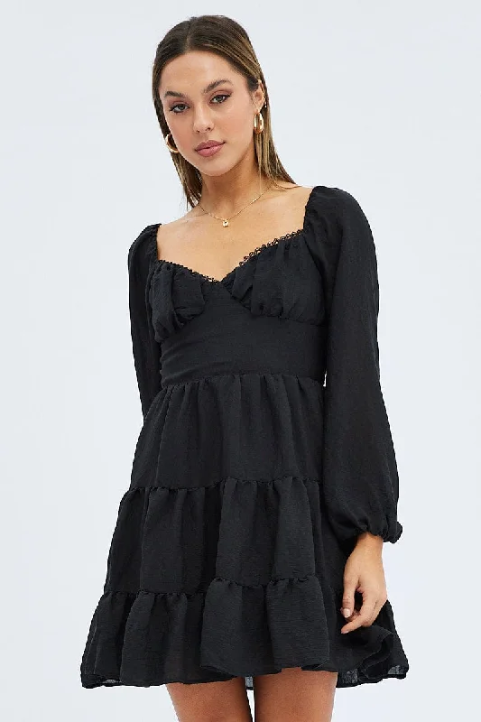 Black Fit and Flare Dress Long Sleeve Tiered