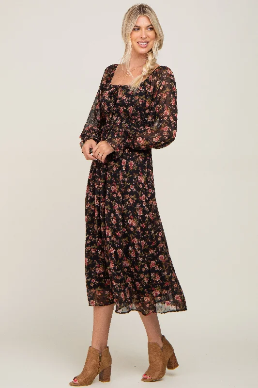 Black Floral Chiffon Smocked Waist Midi Dress