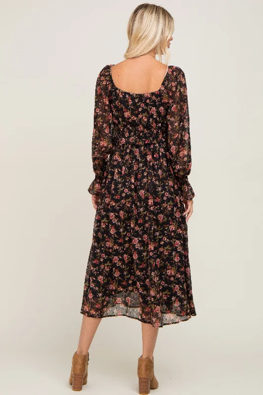 Black Floral Chiffon Smocked Waist Midi Dress