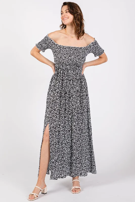 Black Floral Smocked Fitted Sleeve Side Slit Maxi Dress