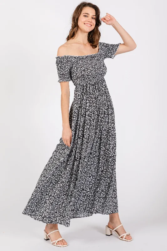 Black Floral Smocked Fitted Sleeve Side Slit Maxi Dress