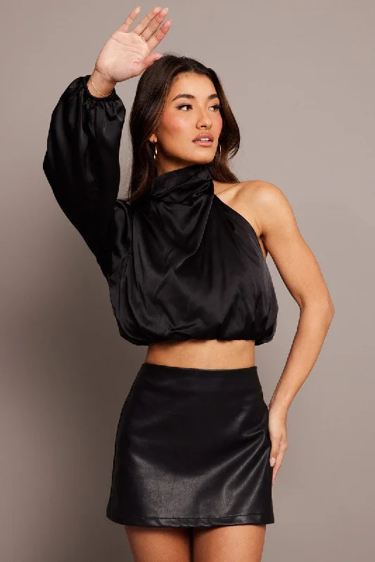 Black High Neck Blouse One Sleeve Asymmetric Top