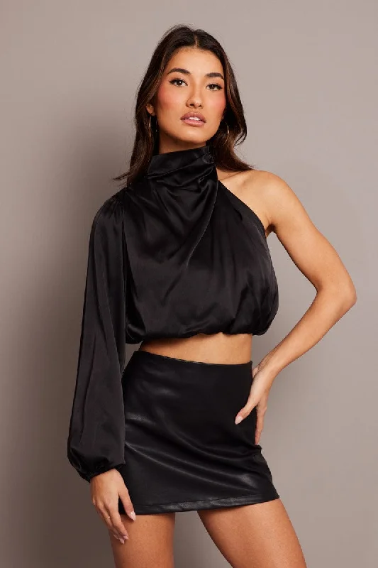 Black High Neck Blouse One Sleeve Asymmetric Top