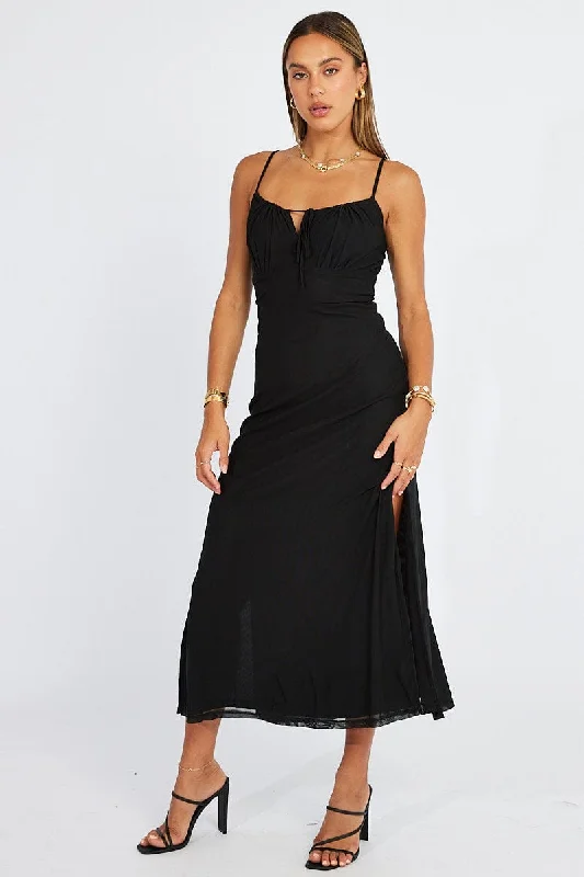 Black Midi Dress Gathered Bust Strappy Mesh