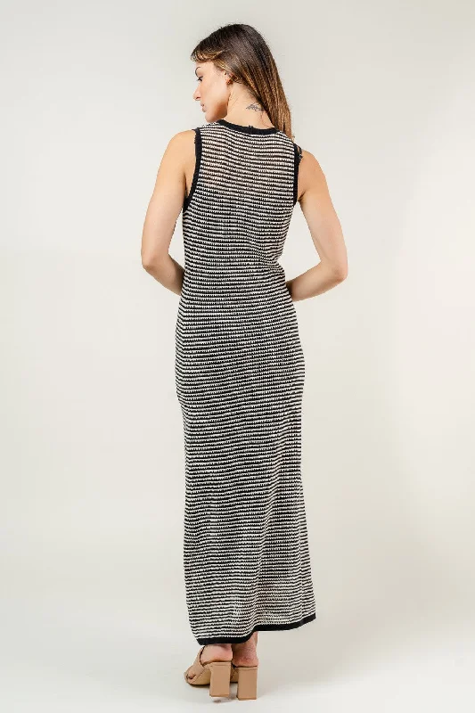 Black Natural Sleeveless Round Neck Crochet Lined Maxi Dress