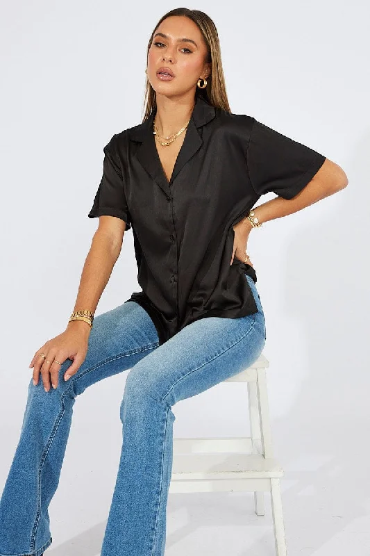 Black Satin Shirt Short Sleeve