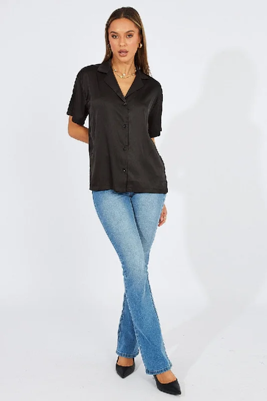 Black Satin Shirt Short Sleeve