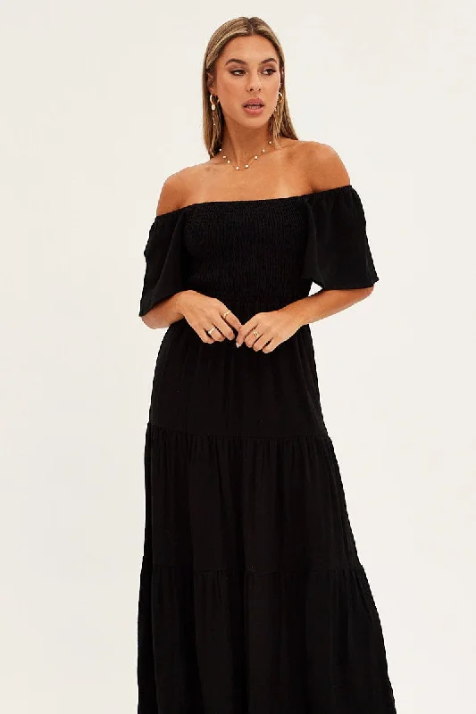 Black Shirred Bell Sleeve Midi Dress