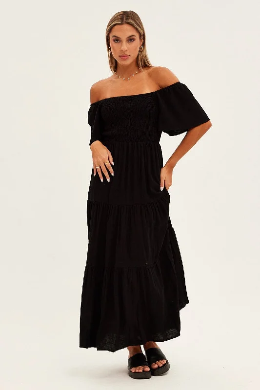 Black Shirred Bell Sleeve Midi Dress