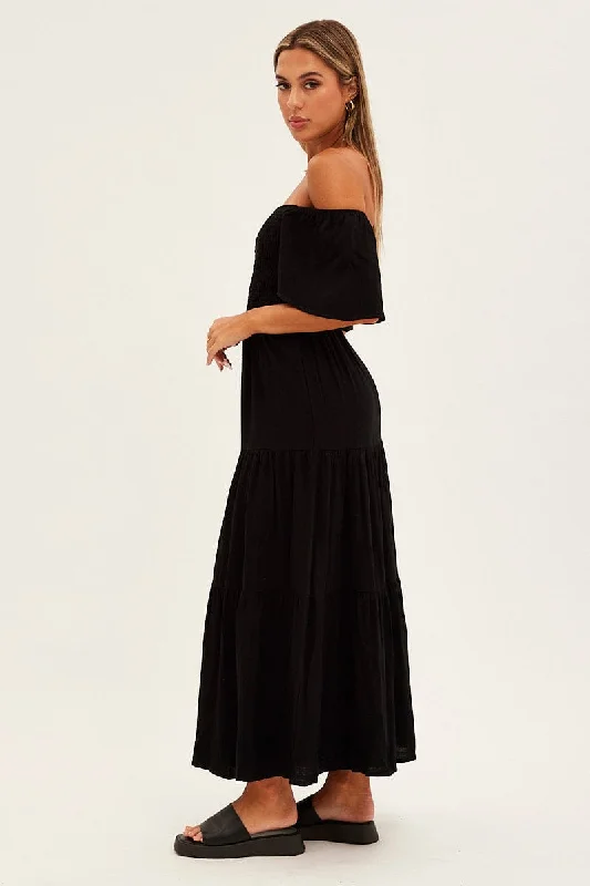 Black Shirred Bell Sleeve Midi Dress