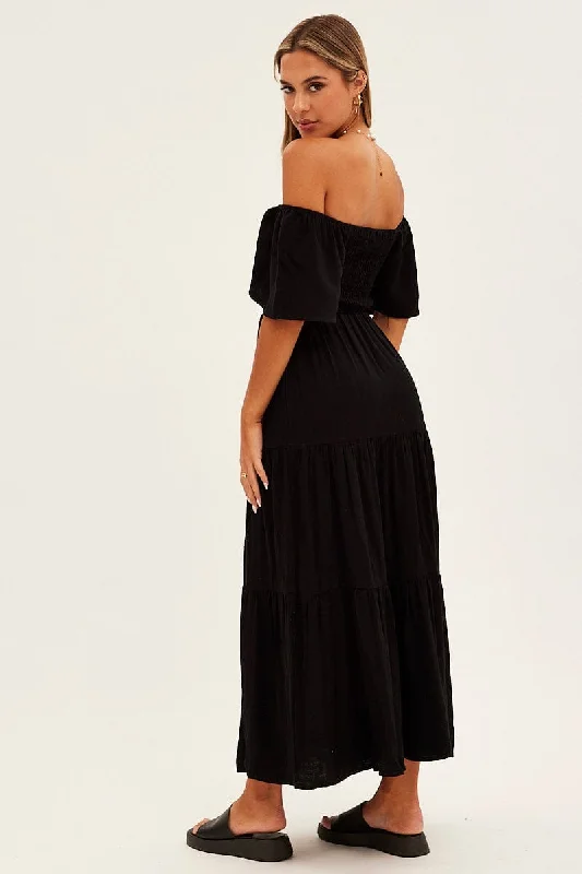 Black Shirred Bell Sleeve Midi Dress