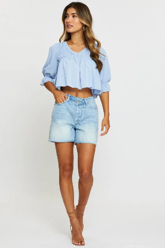 Blue Crop Blouse Short Sleeve Round Neck