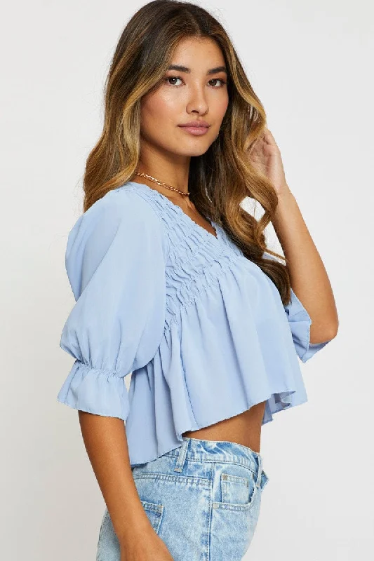 Blue Crop Blouse Short Sleeve Round Neck