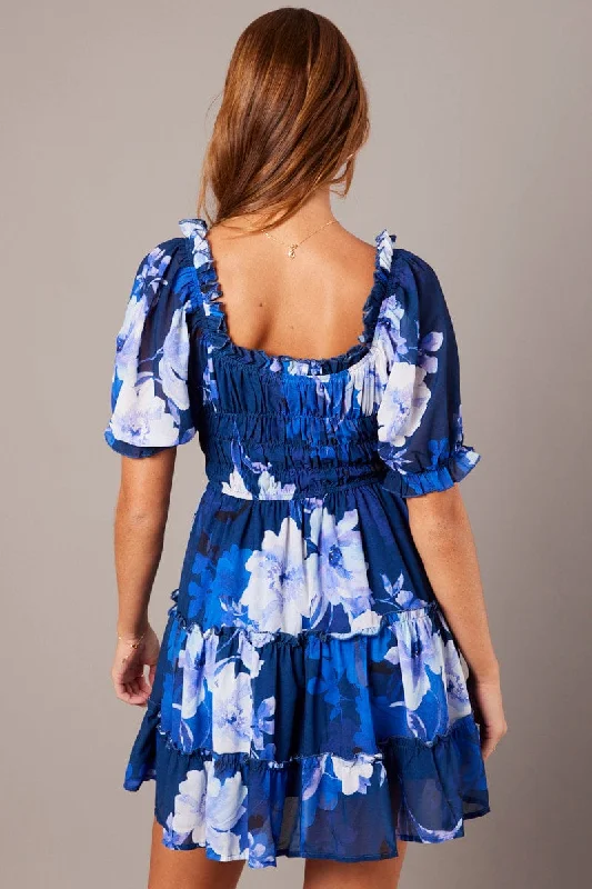 Blue Floral Fit And Flare Dress Puff Sleeve