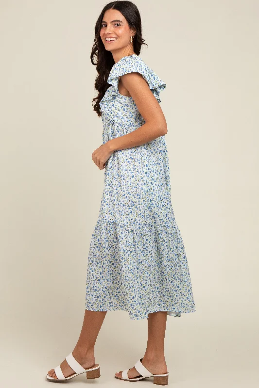 Blue Floral Ruffle Off Shoulder Midi Dress