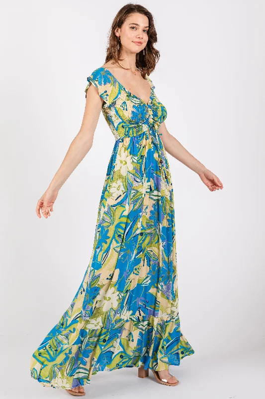 Blue Floral Smocked Off Shoulder Maxi Dress