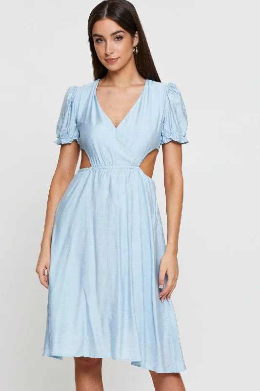 Blue Midi Dress Short Sleeve V Neck