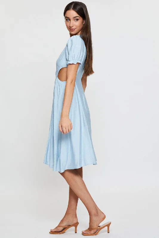 Blue Midi Dress Short Sleeve V Neck