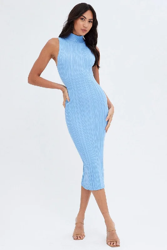 Blue Midi Dress Turtle Neck Bodycon Knitted Rib