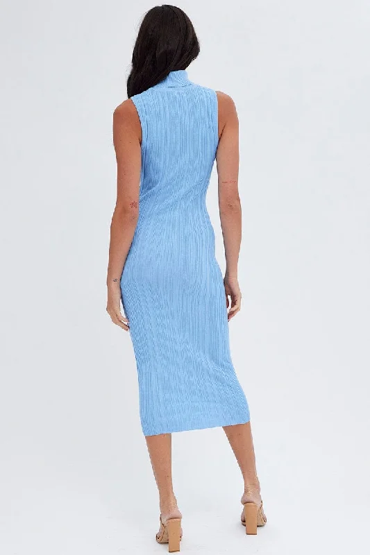 Blue Midi Dress Turtle Neck Bodycon Knitted Rib