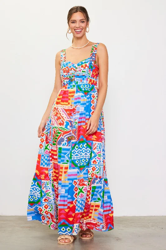 Blue Multi-Color Abstract Print Tiered Maxi Dress