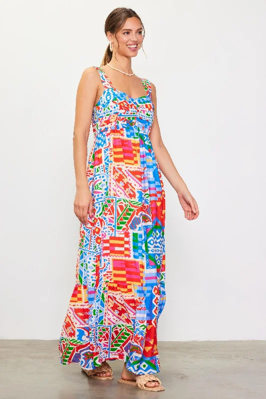 Blue Multi-Color Abstract Print Tiered Maxi Dress