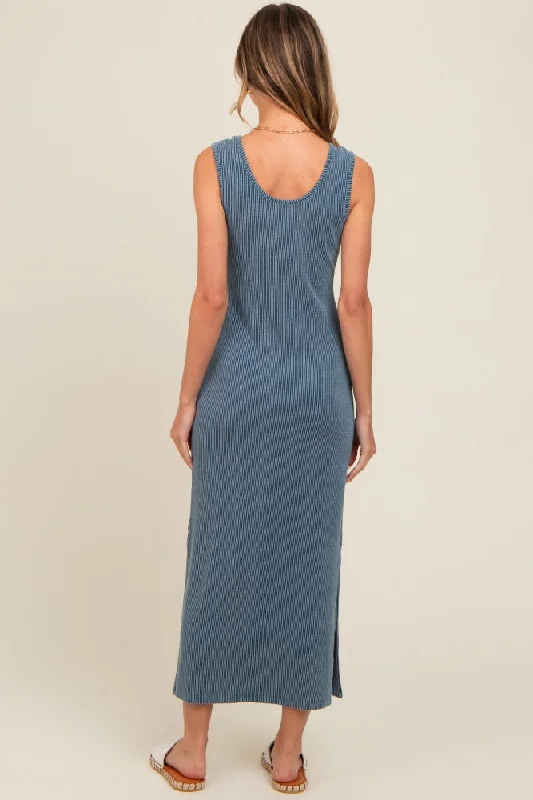 Blue Ribbed Side Slit Maxi Dress