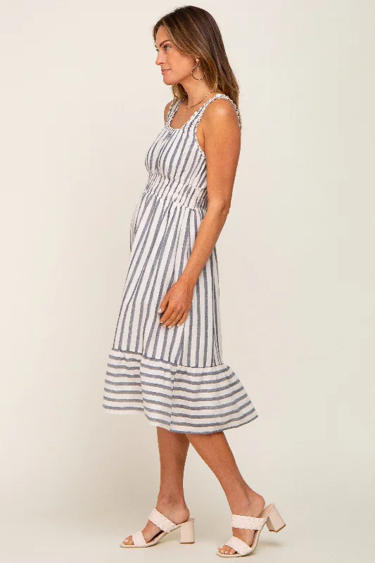 Blue Striped Sleeveless Ruffle Hem Midi Dress