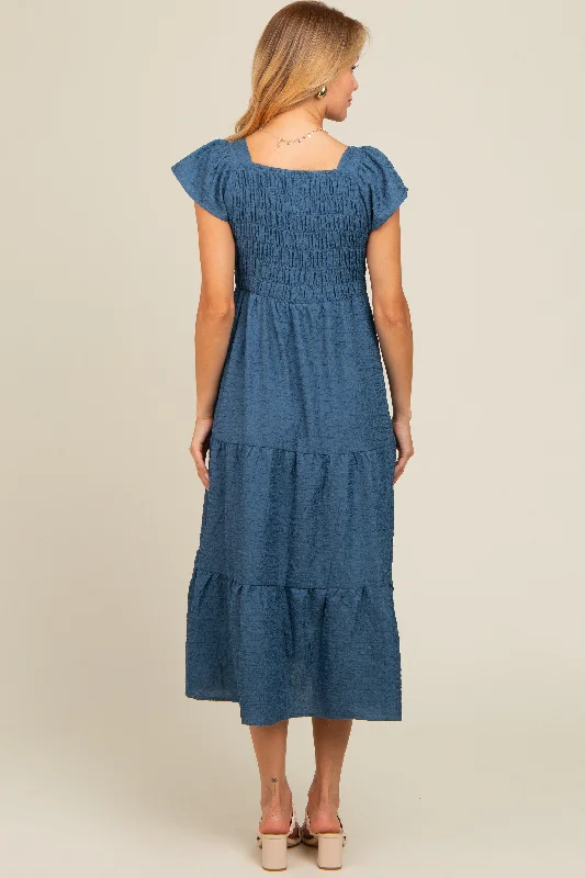 Blue Textured Sweetheart Neck Short Puff Sleeve Tiered Midi Dress